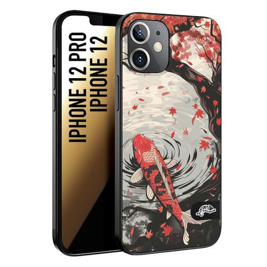 CUSTOMIZZA - Custodia cover nera morbida in tpu compatibile per iPhone 12 - 12 PRO giapponese lago carpa koi rossa con foglie d'acero rosso disegnata tattoo