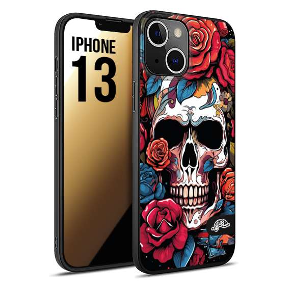 CUSTOMIZZA - Custodia cover nera morbida in tpu compatibile per iPhone 13 teschio skull flowers fiori rose rosse tattoo disegnato