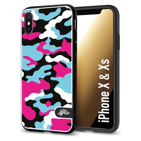 CUSTOMIZZA - Custodia cover nera morbida in tpu compatibile per iPhone X - Xs camouflage mimetico militare fucsia celeste