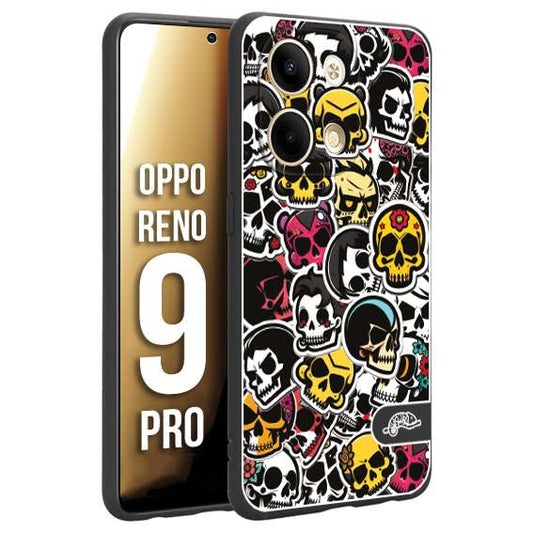 CUSTOMIZZA - Custodia cover nera morbida in tpu compatibile per Oppo Reno 9 PRO sticker bomb teschi colorati adesivi skulls skater snowboard