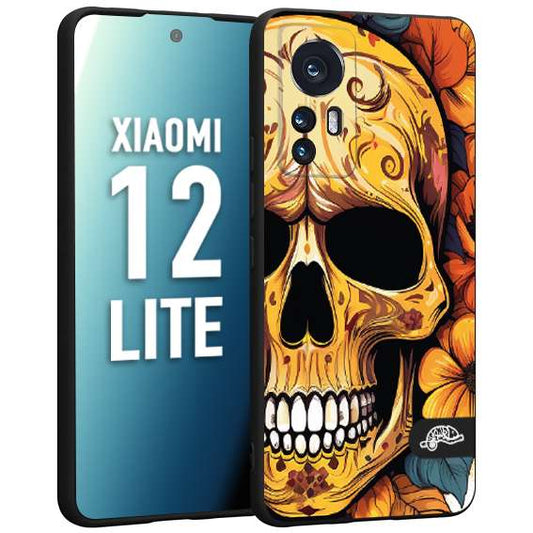 CUSTOMIZZA - Custodia cover nera morbida in tpu compatibile per Xiaomi 12 LITE teschio messicano colorato dorato fiori autunnali disegnato