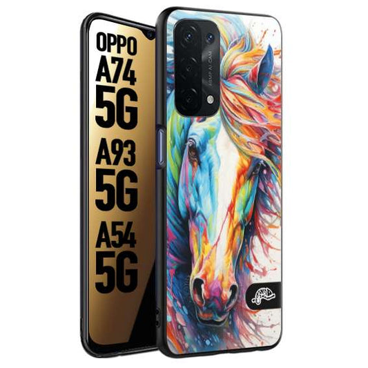 CUSTOMIZZA - Custodia cover nera morbida in tpu compatibile per Oppo A74 5G - A93 5G - A54 5G animali color cavallo horse viso colori vibranti disegnato schizzo