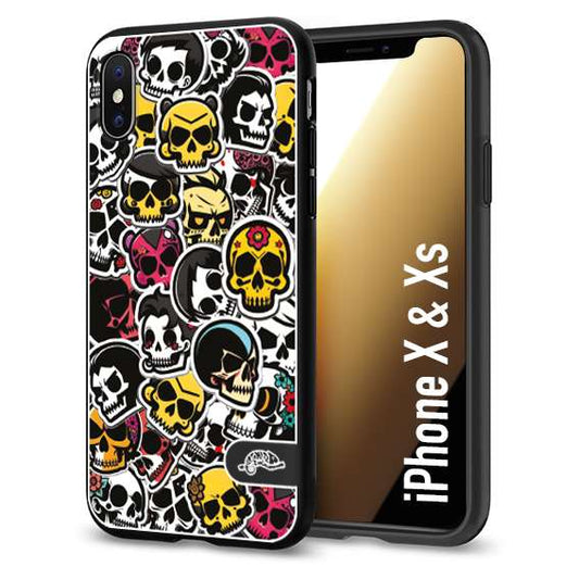 CUSTOMIZZA - Custodia cover nera morbida in tpu compatibile per iPhone X - Xs sticker bomb teschi colorati adesivi skulls skater snowboard