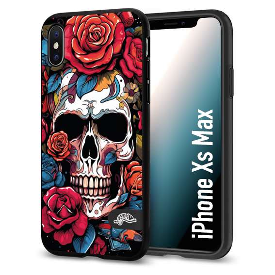 CUSTOMIZZA - Custodia cover nera morbida in tpu compatibile per iPhone Xs Max teschio skull flowers fiori rose rosse tattoo disegnato