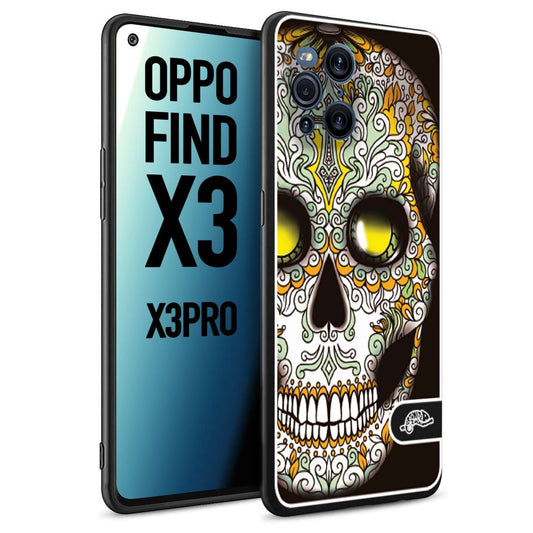 CUSTOMIZZA - Custodia cover nera morbida in tpu compatibile per Oppo Find X3 - Find X3 Pro 5G teschio messicano Mexican skull bianco verde giallo