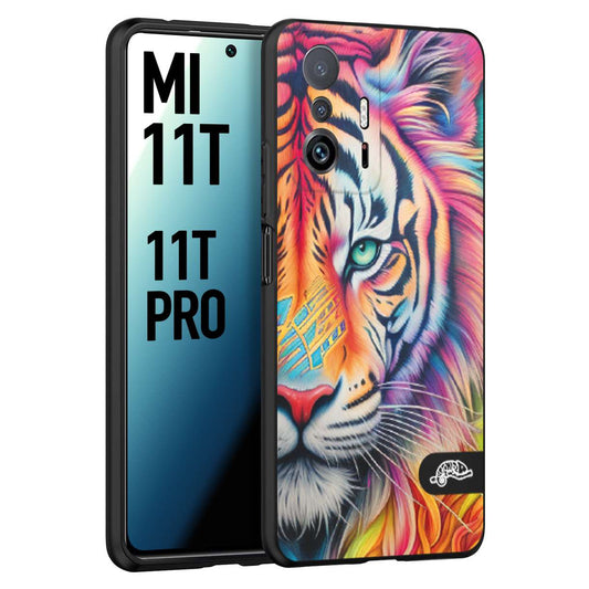 CUSTOMIZZA - Custodia cover nera morbida in tpu compatibile per Xiaomi Mi 11T - Mi 11T PRO animali color tigre tiger viso colori vibranti disegnato schizzo