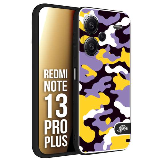 CUSTOMIZZA - Custodia cover nera morbida in tpu compatibile per Xiaomi Redmi Note 13 PRO PLUS camouflage mimetico militare viola lilla giallo