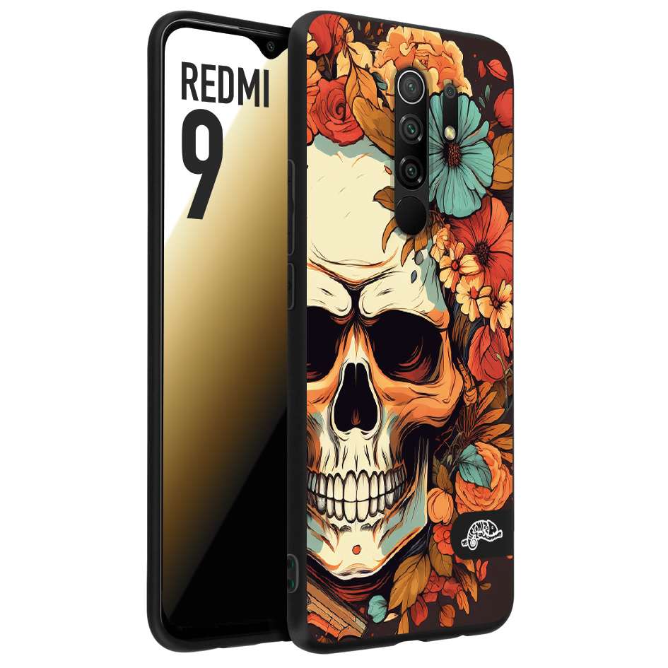 CUSTOMIZZA - Custodia cover nera morbida in tpu compatibile per Xiaomi Redmi 9 teschio skull flowers fiori autunnali arancio celeste tattoo