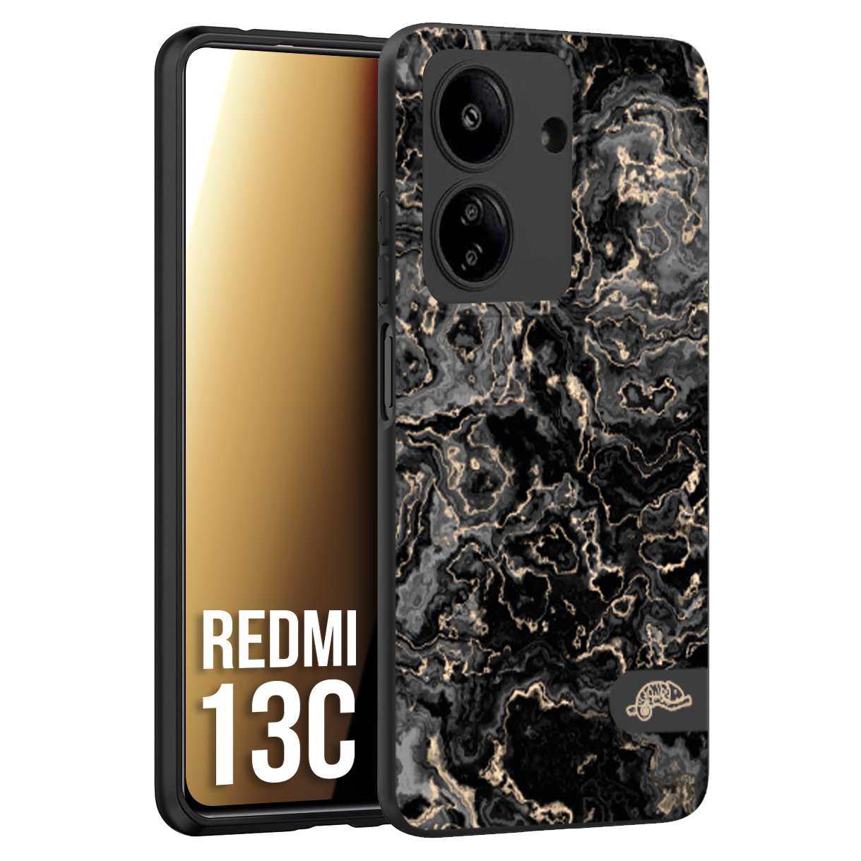 CUSTOMIZZA - Custodia cover nera morbida in tpu compatibile per Xiaomi Redmi 13C effetto marmo marble nero black venature dorato pietra