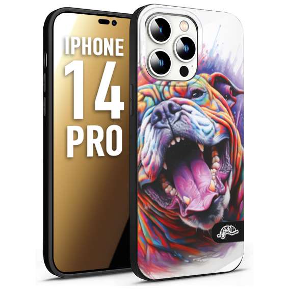 CUSTOMIZZA - Custodia cover nera morbida in tpu compatibile per iPhone 14 PRO animali color bulldog cane dog colori vibranti disegnato schizzo