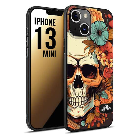 CUSTOMIZZA - Custodia cover nera morbida in tpu compatibile per iPhone 13 MINI teschio skull flowers fiori autunnali arancio celeste tattoo