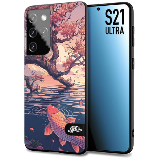 CUSTOMIZZA - Custodia cover nera morbida in tpu compatibile per Samsung S21 ULTRA giapponese lago carpa koi rosa con foglie d'acero disegnata tattoo