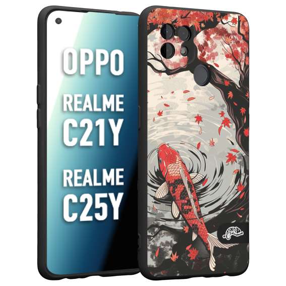 CUSTOMIZZA - Custodia cover nera morbida in tpu compatibile per Oppo Realme C21Y - C25Y giapponese lago carpa koi rossa con foglie d'acero rosso disegnata tattoo