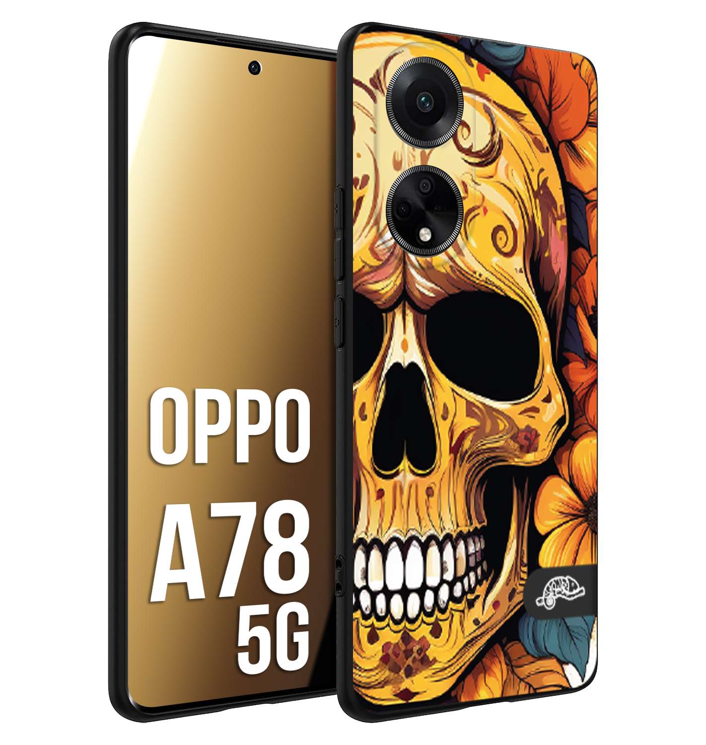 CUSTOMIZZA - Custodia cover nera morbida in tpu compatibile per Oppo A78 5G teschio messicano colorato dorato fiori autunnali disegnato