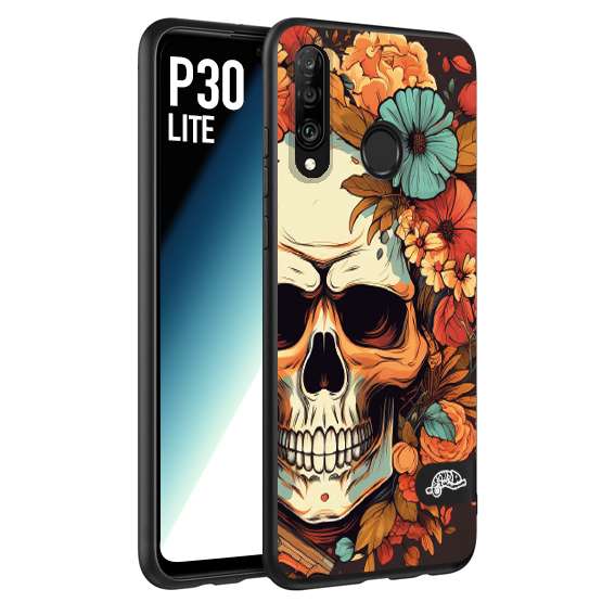 CUSTOMIZZA - Custodia cover nera morbida in tpu compatibile per Huawei P30 LITE teschio skull flowers fiori autunnali arancio celeste tattoo