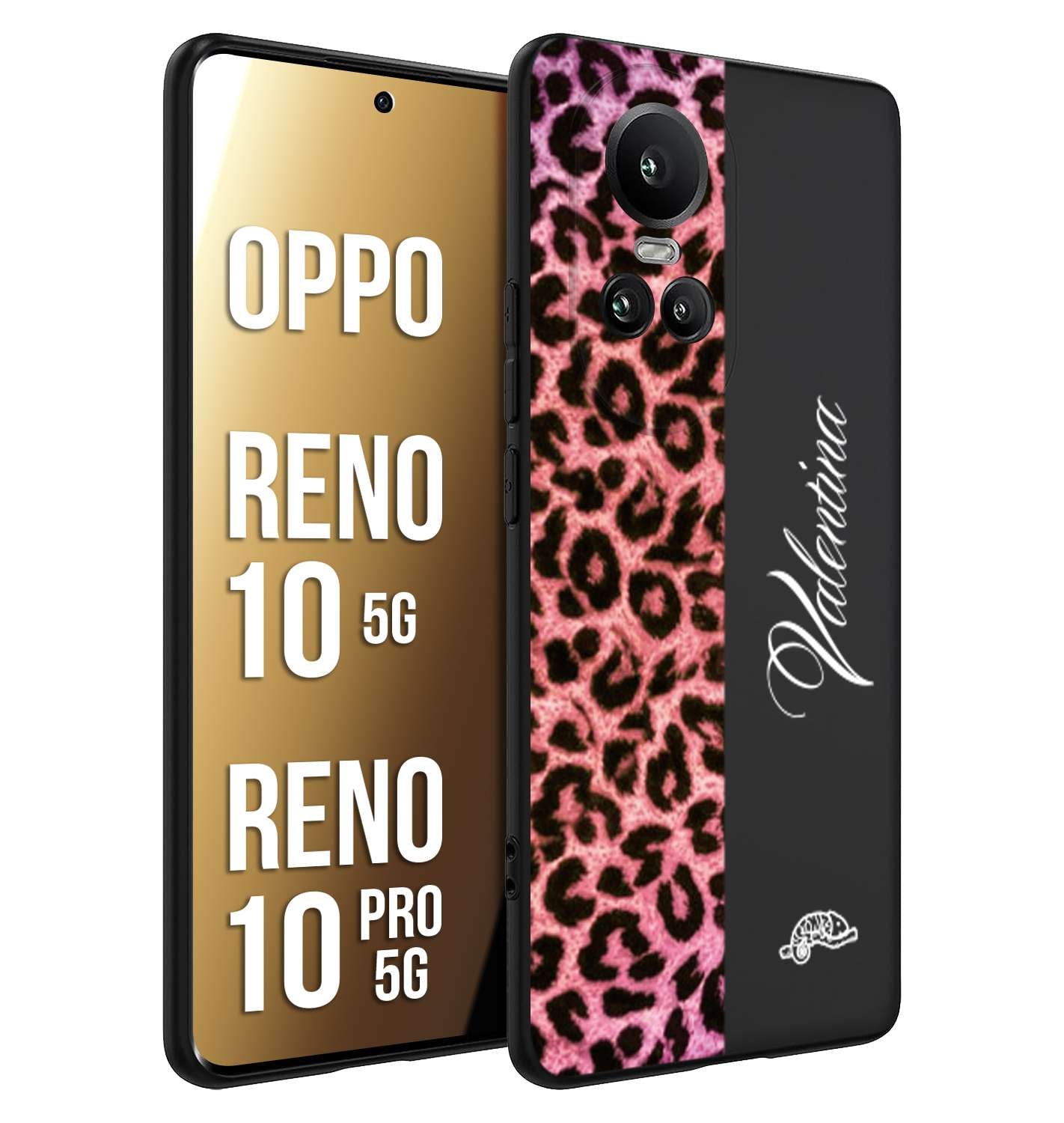 CUSTOMIZZA - Custodia cover nera morbida in tpu compatibile per Oppo Reno 10 5G - 10 PRO 5G leopardato rosa fucsia personalizzata nome iniziali