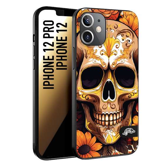 CUSTOMIZZA - Custodia cover nera morbida in tpu compatibile per iPhone 12 - 12 PRO teschio messicano colorato dorato fiori tattoo disegnato