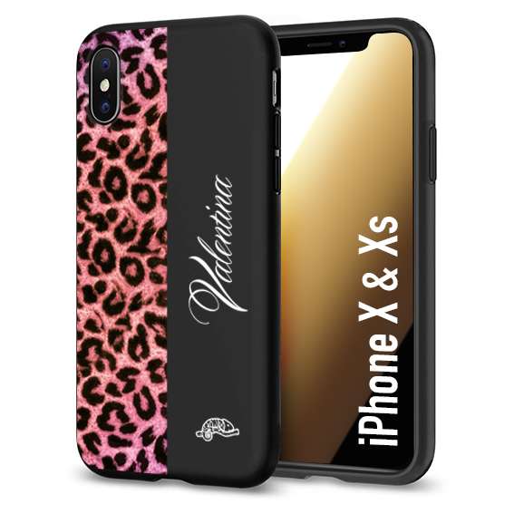 CUSTOMIZZA - Custodia cover nera morbida in tpu compatibile per iPhone X - Xs leopardato rosa fucsia personalizzata nome iniziali