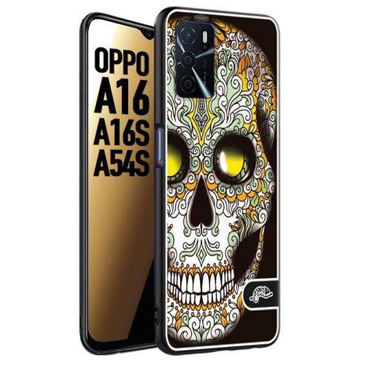 CUSTOMIZZA - Custodia cover nera morbida in tpu compatibile per Oppo A16 - A16S - A54S teschio messicano Mexican skull bianco verde giallo