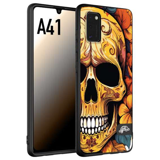 CUSTOMIZZA - Custodia cover nera morbida in tpu compatibile per Samsung A41 teschio messicano colorato dorato fiori autunnali disegnato