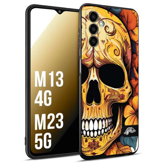 CUSTOMIZZA - Custodia cover nera morbida in tpu compatibile per Samsung M13 4G - M23 5G teschio messicano colorato dorato fiori autunnali disegnato