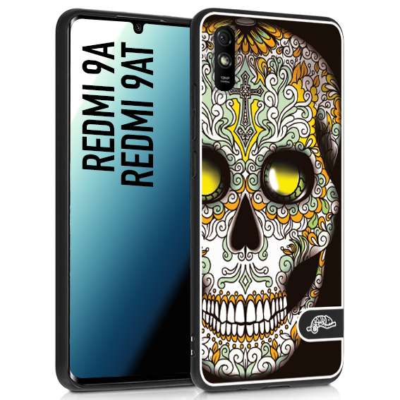 CUSTOMIZZA - Custodia cover nera morbida in tpu compatibile per Xiaomi Redmi 9A - 9AT teschio messicano Mexican skull bianco verde giallo