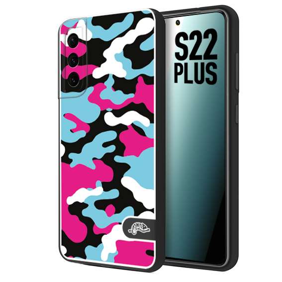 CUSTOMIZZA - Custodia cover nera morbida in tpu compatibile per Samsung S22 PLUS camouflage mimetico militare fucsia celeste