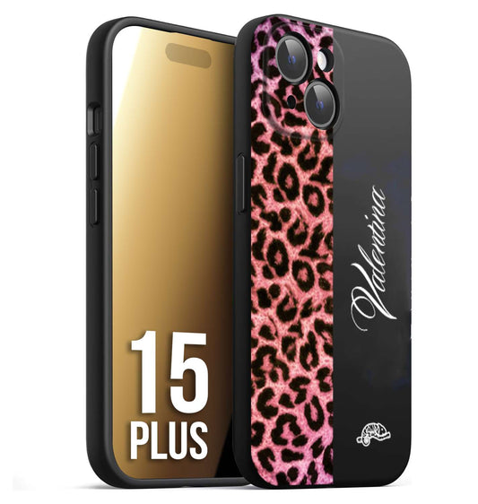 CUSTOMIZZA - Custodia cover nera morbida in tpu compatibile per iPhone 15 PLUS leopardato rosa fucsia personalizzata nome iniziali