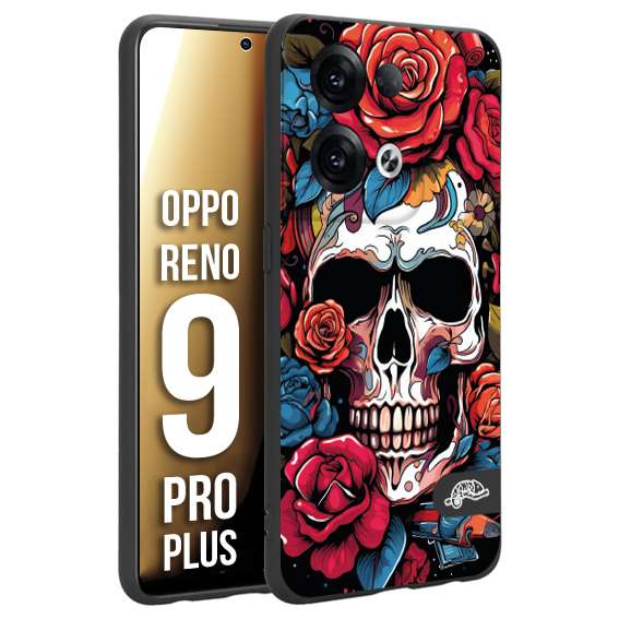 CUSTOMIZZA - Custodia cover nera morbida in tpu compatibile per Oppo Reno 9 PRO PLUS teschio skull flowers fiori rose rosse tattoo disegnato