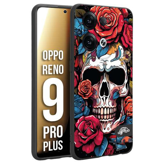 CUSTOMIZZA - Custodia cover nera morbida in tpu compatibile per Oppo Reno 9 PRO PLUS teschio skull flowers fiori rose rosse tattoo disegnato