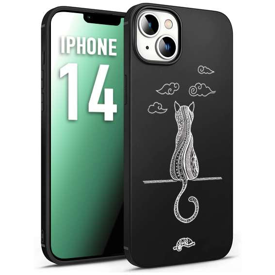 CUSTOMIZZA - Custodia cover nera morbida in tpu compatibile per iPhone 14 gatto mandala stilizzato gattino a rilievo soft touch donna bianca