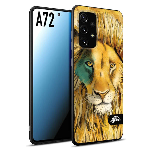 CUSTOMIZZA - Custodia cover nera morbida in tpu compatibile per Samsung A72 leone lion disegnato a mano giallo blu a rilievo artistico brown