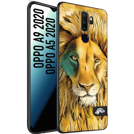 CUSTOMIZZA - Custodia cover nera morbida in tpu compatibile per Oppo A9 2020 - A5 2020 leone lion disegnato a mano giallo blu a rilievo artistico brown