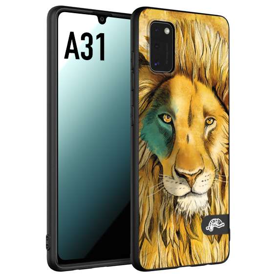 CUSTOMIZZA - Custodia cover nera morbida in tpu compatibile per Samsung A31 leone lion disegnato a mano giallo blu a rilievo artistico brown