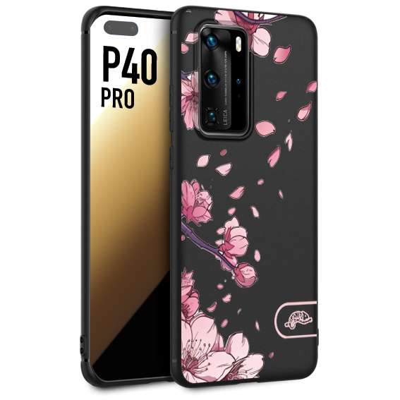 CUSTOMIZZA - Custodia cover nera morbida in tpu compatibile per Huawei P40 PRO giapponese fiori di ciliegio in fiore a rilievo disegnata tattoo