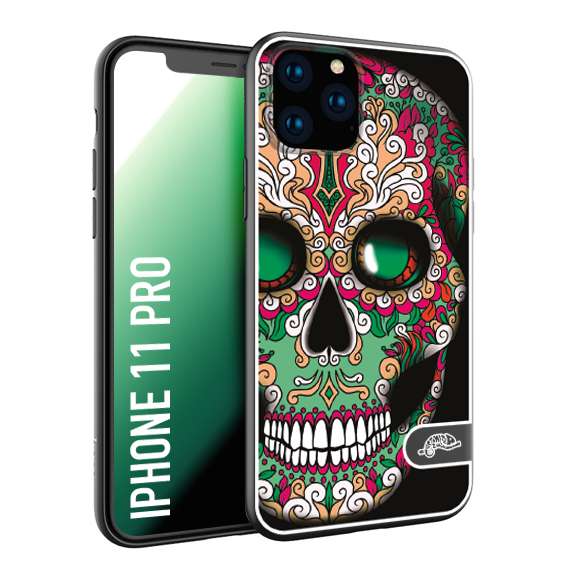 CUSTOMIZZA - Custodia cover nera morbida in tpu compatibile per iPhone 11 PRO teschio messicano Mexican skull verde fucsia