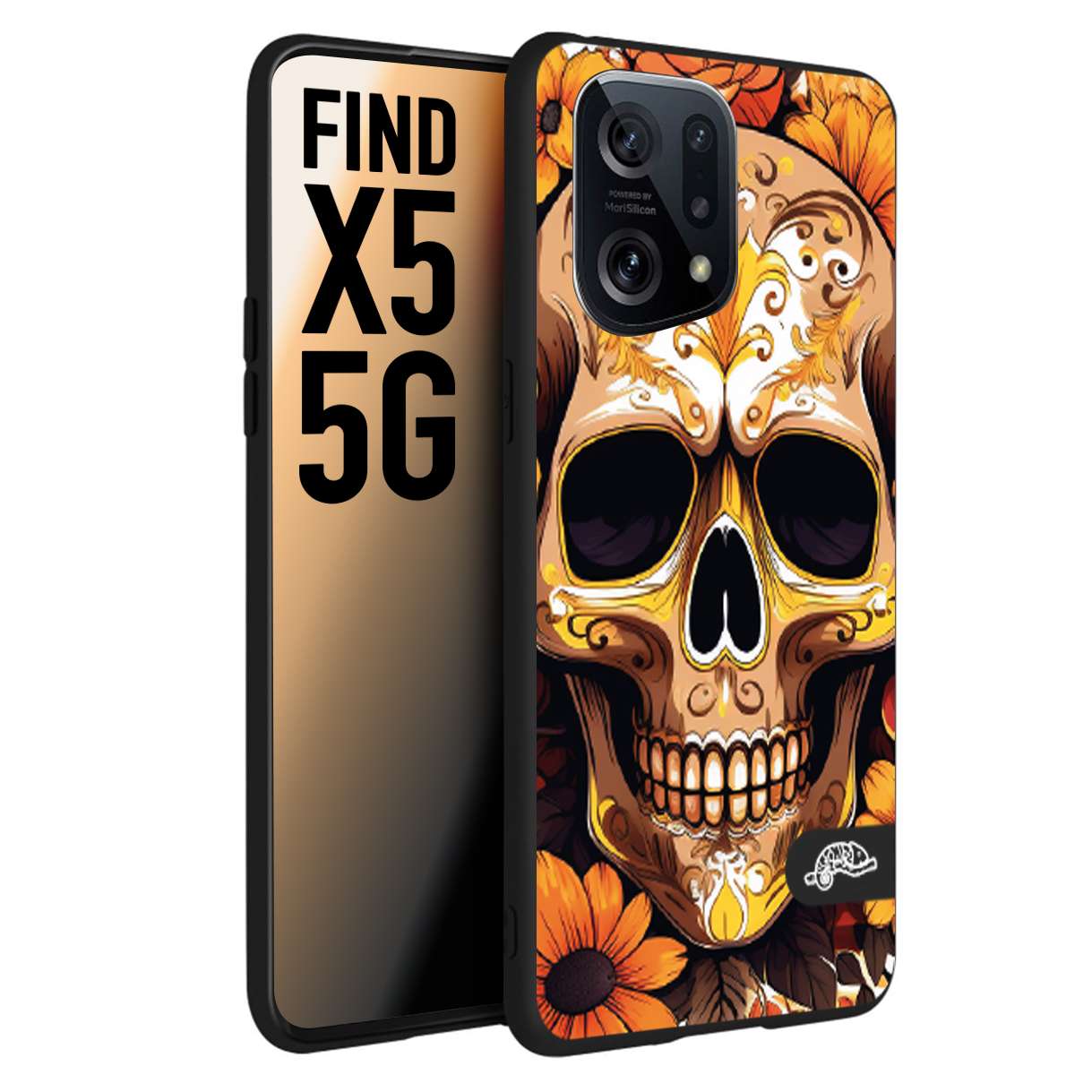 CUSTOMIZZA - Custodia cover nera morbida in tpu compatibile per Oppo Find X5 teschio messicano colorato dorato fiori tattoo disegnato