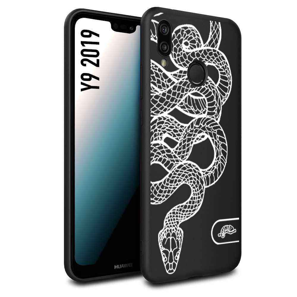 CUSTOMIZZA - Custodia cover nera morbida in tpu compatibile per Huawei Y9 2019 serpente snake bianco a rilievo disegnato tattoo tatuaggio