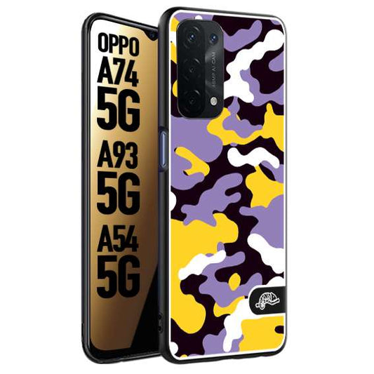 CUSTOMIZZA - Custodia cover nera morbida in tpu compatibile per Oppo A74 5G - A93 5G - A54 5G camouflage mimetico militare viola lilla giallo