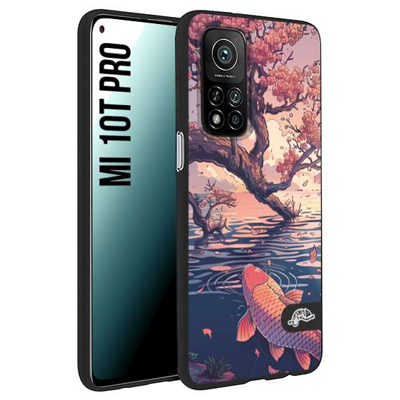 CUSTOMIZZA - Custodia cover nera morbida in tpu compatibile per Xiaomi Mi 10T PRO giapponese lago carpa koi rosa con foglie d'acero disegnata tattoo