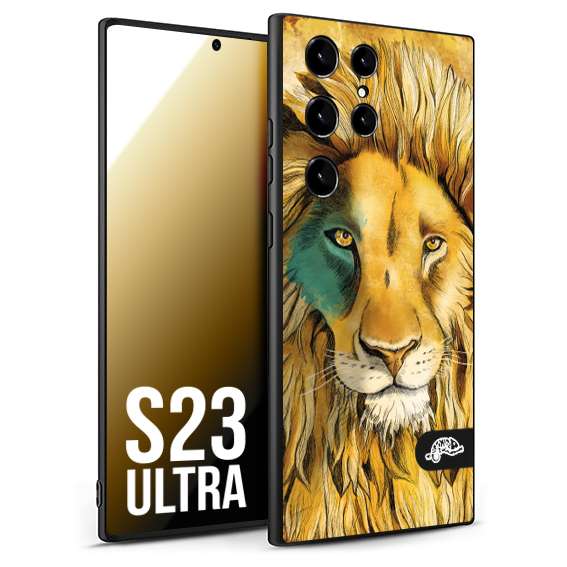 CUSTOMIZZA - Custodia cover nera morbida in tpu compatibile per Samsung S23 ULTRA leone lion disegnato a mano giallo blu a rilievo artistico brown