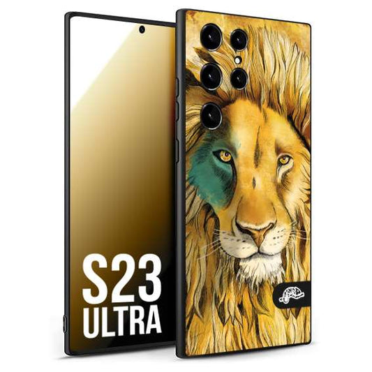 CUSTOMIZZA - Custodia cover nera morbida in tpu compatibile per Samsung S23 ULTRA leone lion disegnato a mano giallo blu a rilievo artistico brown