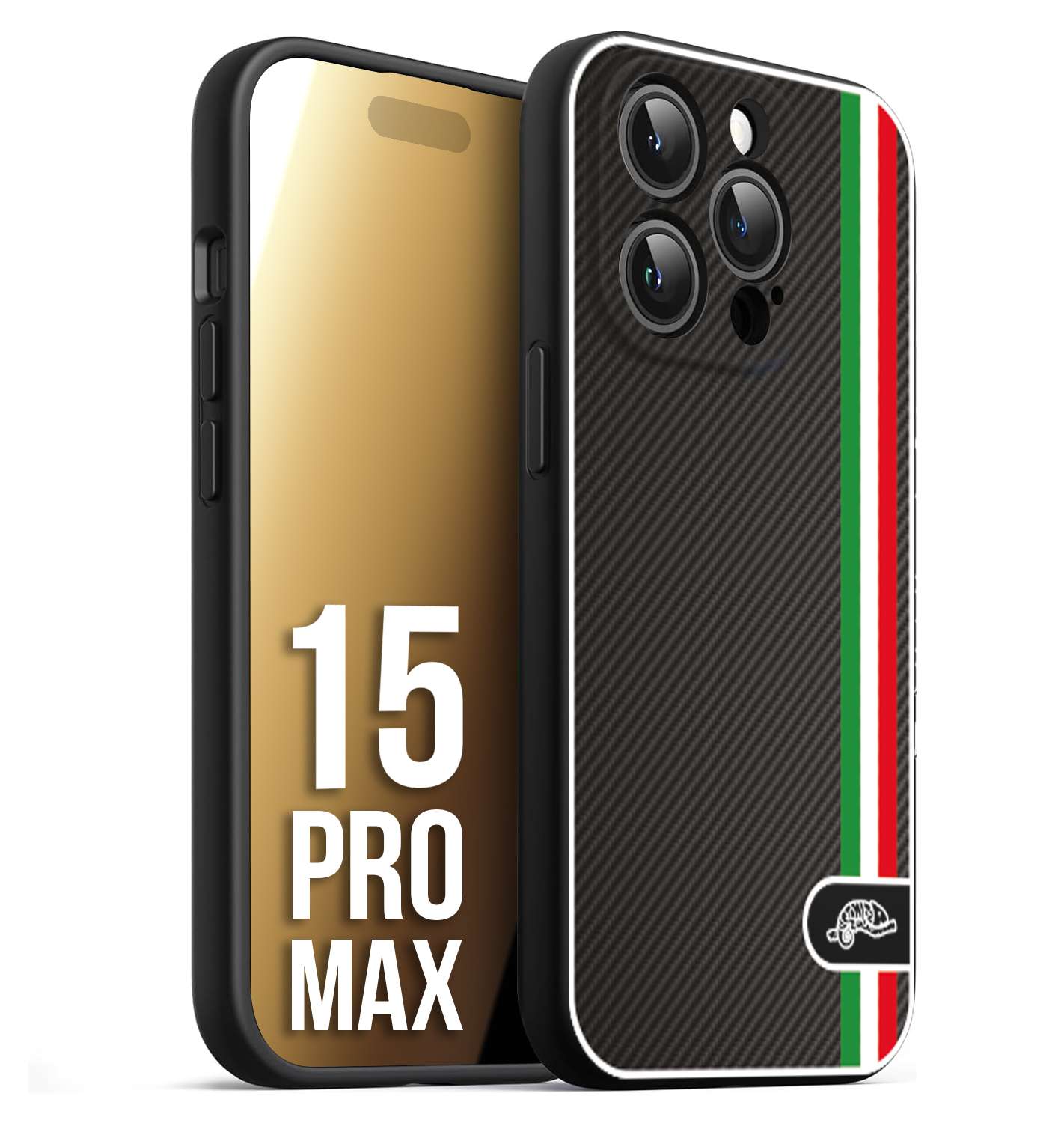 CUSTOMIZZA - Custodia cover nera morbida in tpu compatibile per iPhone 15 PRO MAX effetto fibra di carbonio bandiera Italia made in Italy