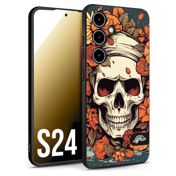 CUSTOMIZZA - Custodia cover nera morbida in tpu compatibile per Samsung S24 teschio skull flowers fiori tattoo disegnato alta definizione