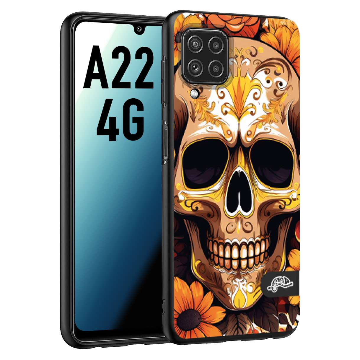 CUSTOMIZZA - Custodia cover nera morbida in tpu compatibile per Samsung A22 4G teschio messicano colorato dorato fiori tattoo disegnato