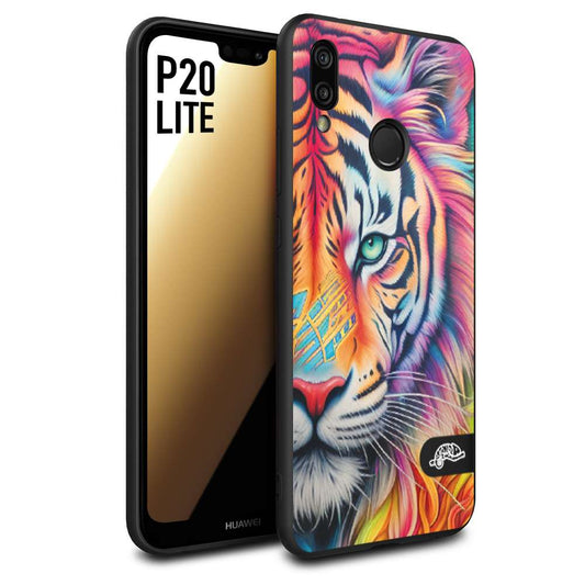 CUSTOMIZZA - Custodia cover nera morbida in tpu compatibile per Huawei P20 LITE animali color tigre tiger viso colori vibranti disegnato schizzo