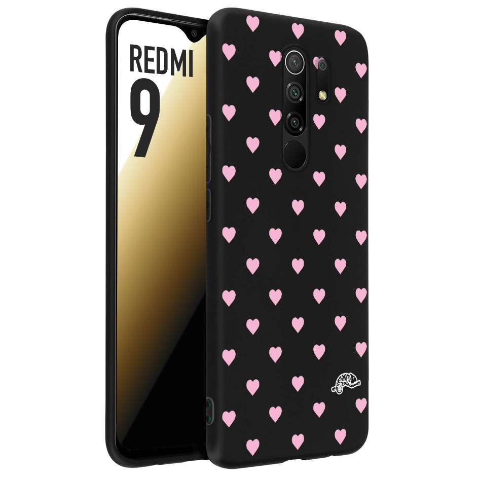 CUSTOMIZZA - Custodia cover nera morbida in tpu compatibile per Xiaomi Redmi 9 cuori pois rosa su nero donna pin up vintage