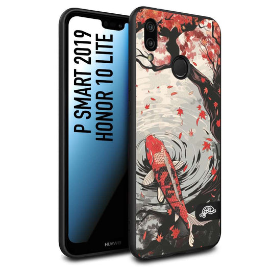 CUSTOMIZZA - Custodia cover nera morbida in tpu compatibile per Huawei P Smart 2019 giapponese lago carpa koi rossa con foglie d'acero rosso disegnata tattoo