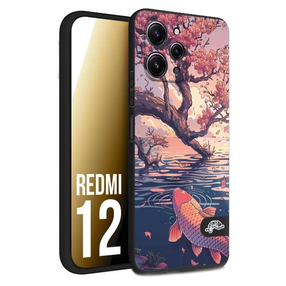 CUSTOMIZZA - Custodia cover nera morbida in tpu compatibile per Xiaomi Redmi 12 giapponese lago carpa koi rosa con foglie d'acero disegnata tattoo