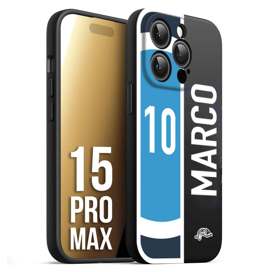 CUSTOMIZZA - Custodia cover nera morbida in tpu compatibile per iPhone 15 PRO MAX personalizzata calcio football nome e numero calciatori biancoazzurri bianco celesti